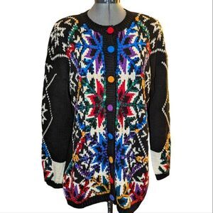 Vintage 90s Debra lubell black knit sweater with‎ sequin snowflakes